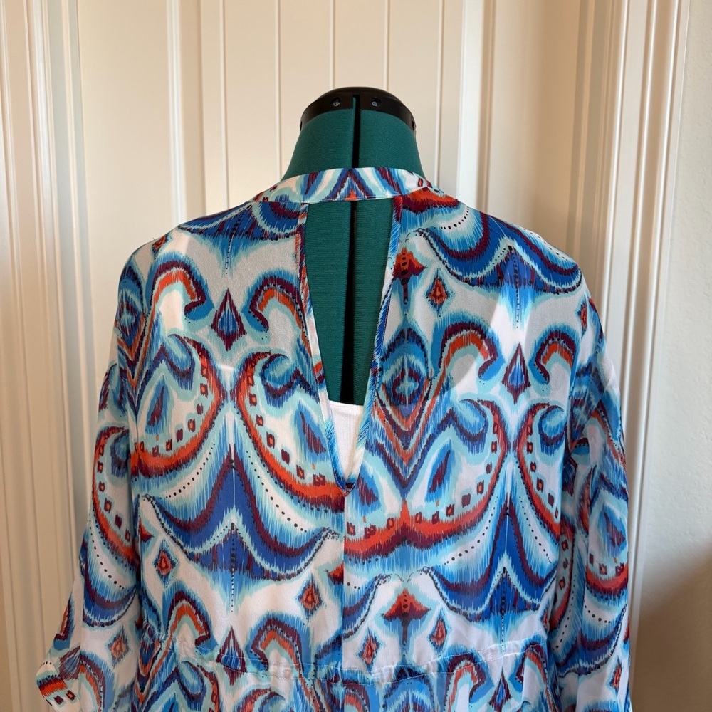 2/$30 bebe Vibrant Blue and Red Print Cardigan Kimono Cover-Up Beaded Detail - Picture 8 of 12